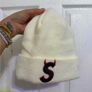 Cream Beanie with Red and Black Supreme Logo